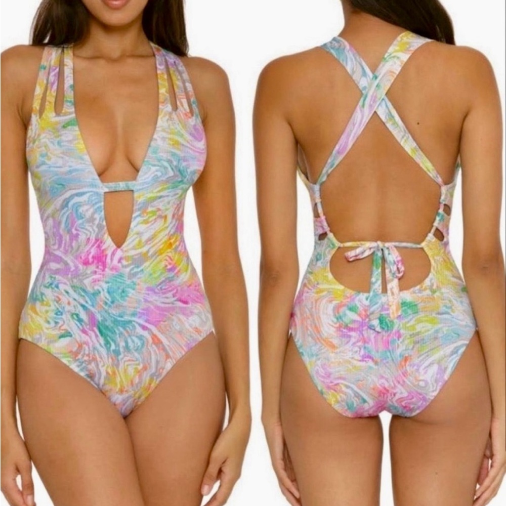 BECCA Pastel Marble One-Piece Swimsuit - Pink, Blue, Yellow, Green